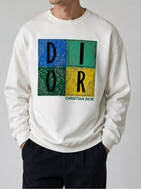 Dior White Crewneck Sweatshirt with Blue, Green and Yellow Logo Panels